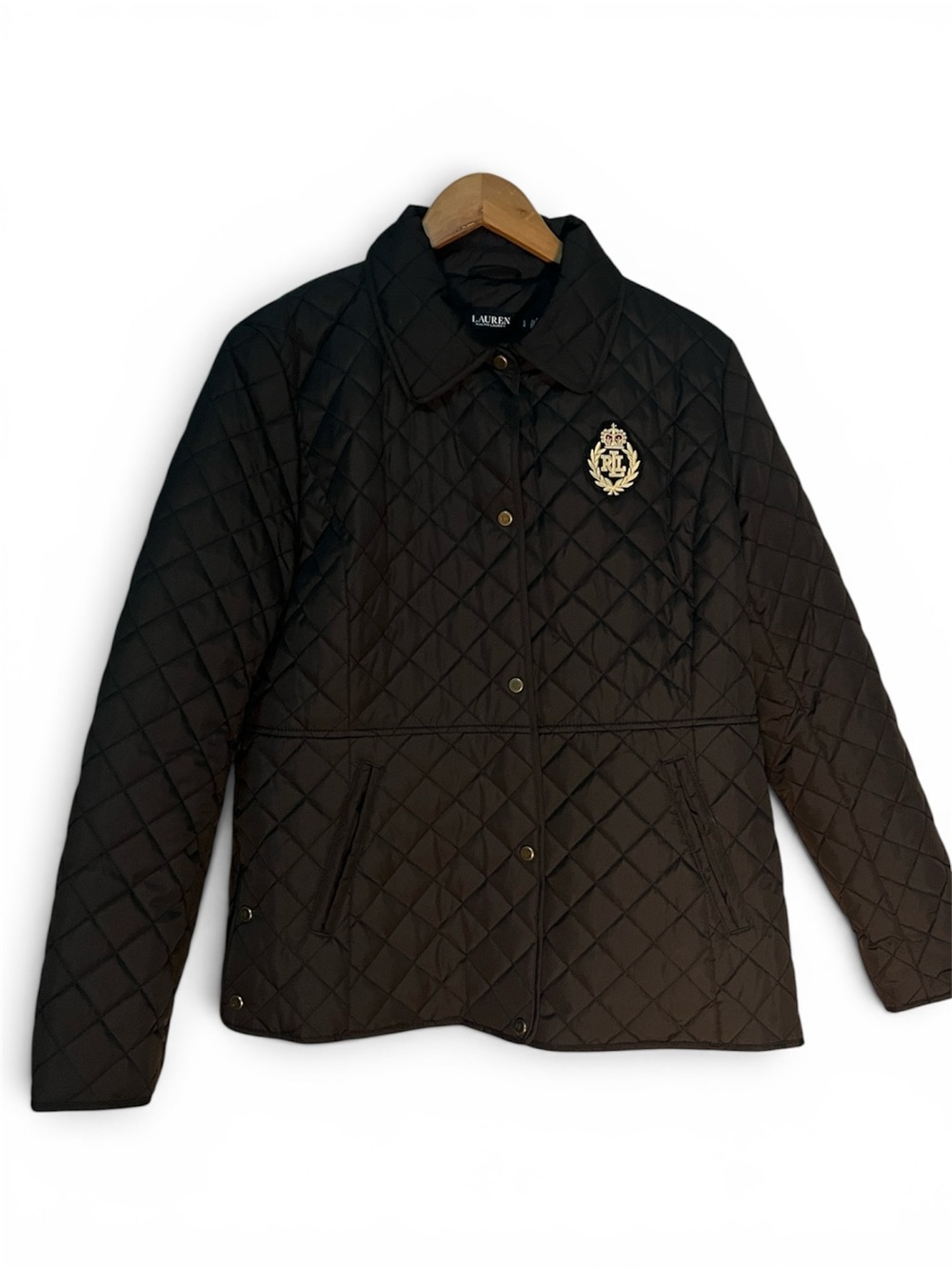Lauren Ralph Lauren Black Quilted Snap-Front Utility Jacket with Crest